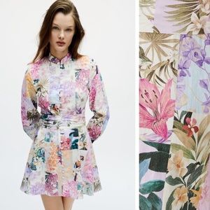 NWT. Zara Linen Blend Floral Print Mini Dress. Size L.